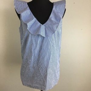 J Crew Womens Top 4 Banker Blue White Stripe V Neck Ruffle Tank 100% Cotton